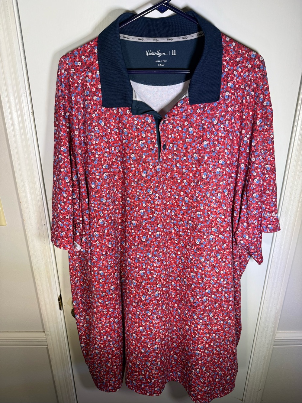 Walter Hagen Red Floral Polo with Navy Contrast Collar